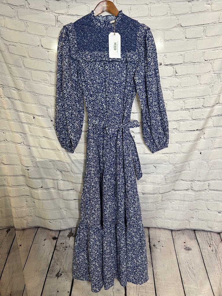 Sonmer Blue Smocked Floral Maxi Dress With Belt Size Large Brand New W/Tags
